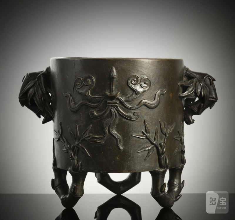 Bronze incense burner with relief decoration of inscription and bamboo - 图2